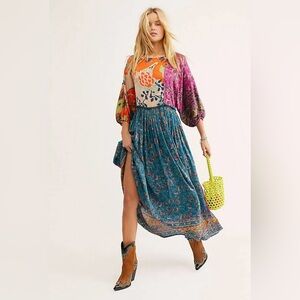 Free People Multi Pattern Maxi Tie Back Dress | Blue, Purple, Orange | Medium